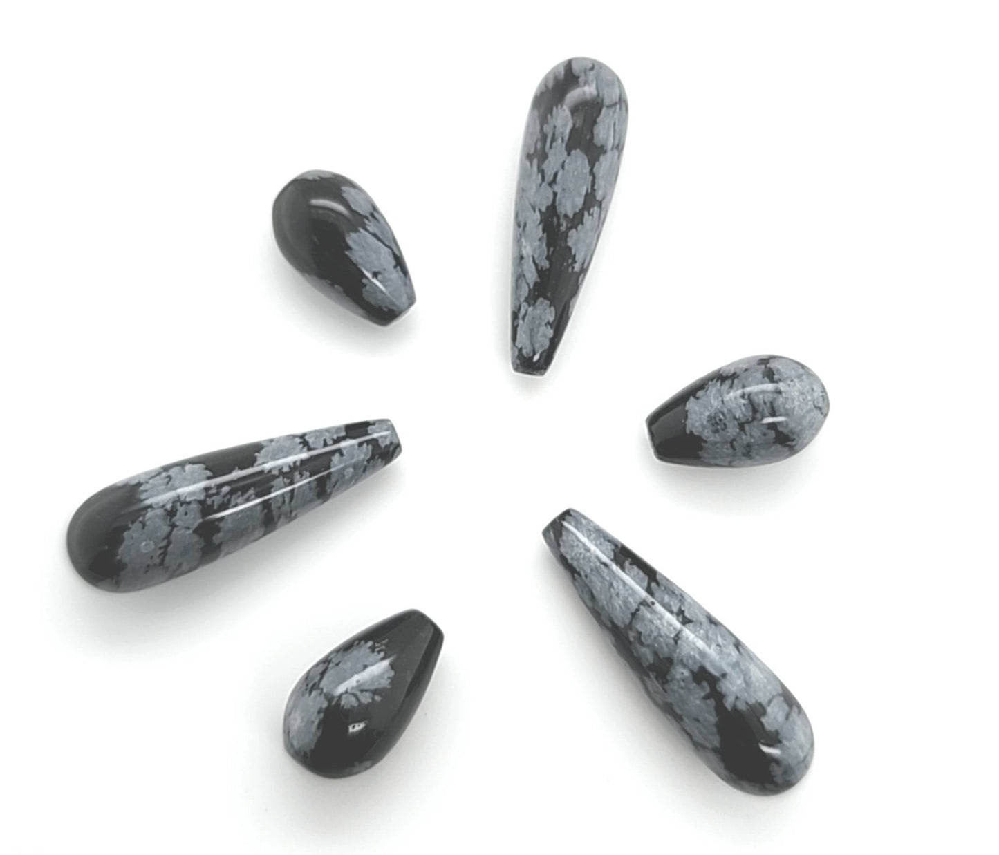 Snowflake Obsidian Briolette and Polished Drops